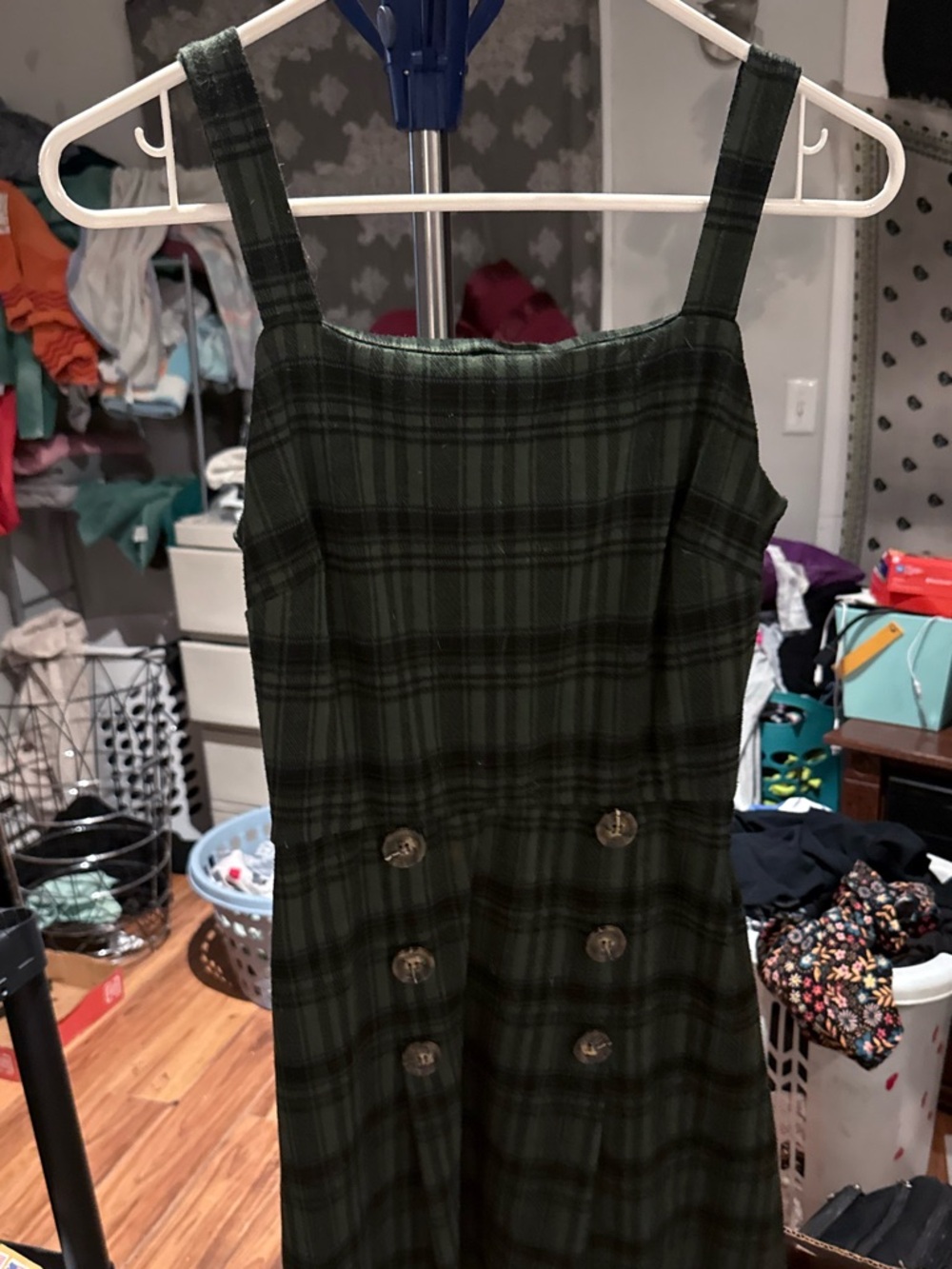 Plaid Mini Dress with Front Button Detail — Dark Green